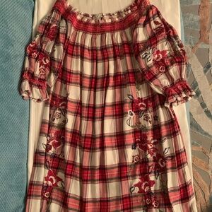 Dec brand name red coloured plaid , floral pattern on fronts and sleeves